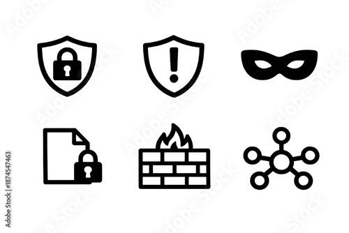 Black flat vector icon set focused on security, privacy and data protection. Clean outline symbols for cybersecurity systems, software protection and secure platforms.