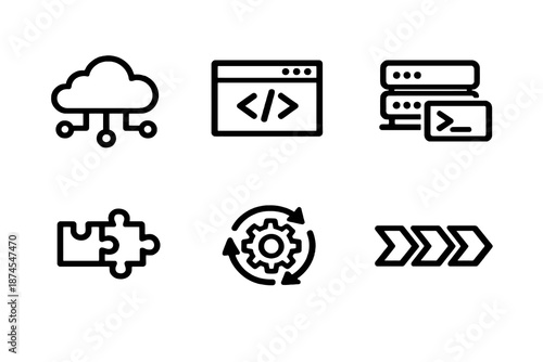 Black flat vector icon set focused on development, APIs and system integration. Clean outline symbols for software platforms, automation tools and technical interfaces.