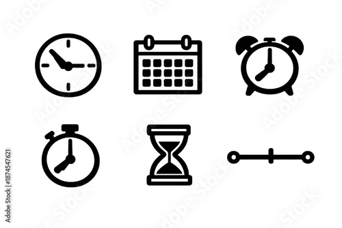 Black flat vector icon set focused on time management and scheduling. Clean outline symbols for calendars, reminders, deadlines and planning interfaces.