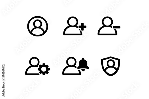 Black flat vector icon set focused on user management and account features. Clean outline symbols for profiles, permissions and user-related interface controls.