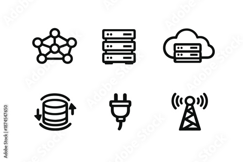 Set of six black network and infrastructure icons in flat vector style. Minimal outline symbols designed for IT dashboards, cloud platforms and technology systems.