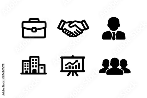 Black flat vector icon set focused on business and corporate concepts. Clean outline symbols for professional services, company platforms and enterprise interfaces.