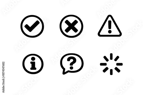 Set of six black status and feedback icons in flat vector style. Minimal outline symbols designed for software alerts, dialogs and interface messaging systems.
