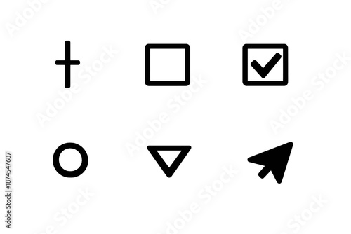 Set of six black form and input icons in flat vector style. Minimal outline symbols designed for UI forms, surveys, login pages and interaction components.