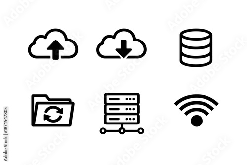 Black flat vector icon set focused on cloud computing and data storage. Clean outline symbols for servers, networks, file systems and digital infrastructure interfaces.