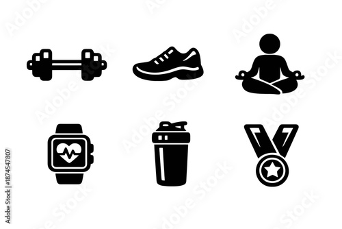 Set of six black fitness and workout icons in flat vector style. Minimal outline symbols designed for gym apps, health tracking systems and active lifestyle projects.