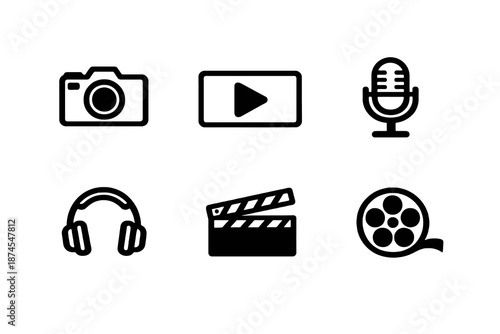 Black flat vector icon set focused on media and content creation. Clean outline symbols for video platforms, audio production tools and digital media interfaces.