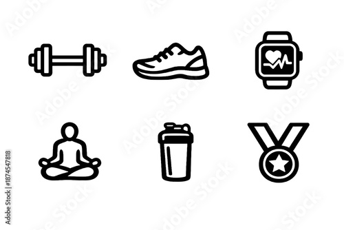 Black flat vector icon set focused on fitness and healthy lifestyle. Clean outline symbols for workout apps, training platforms, wellness dashboards and sports interfaces.