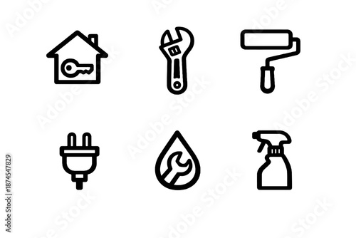Set of six black home repair and maintenance icons in flat vector style. Minimal outline symbols designed for service apps, property management and household tools.