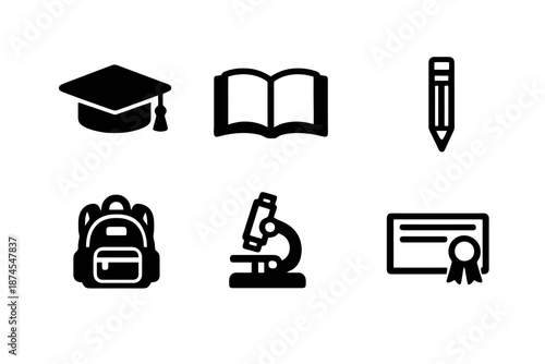 Black flat vector icon set focused on education and learning. Clean outline symbols for schools, online courses, academic platforms and educational interface design.