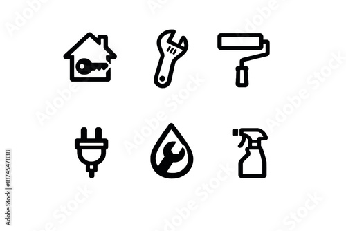 Black flat vector icon set focused on home services and maintenance. Clean outline symbols for repair apps, renovation platforms, utilities and household service interfaces.