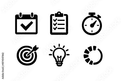 Set of six black productivity and management icons in flat vector style. Minimal outline symbols for task apps, project dashboards, scheduling and efficiency systems.