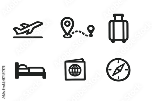 Black flat vector icon set focused on travel and tourism services. Clean outline symbols for booking apps, navigation systems, hotels and transportation interfaces.