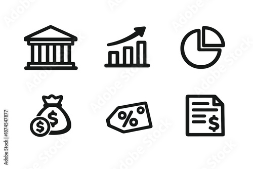 Black flat vector icon set focused on finance and business analytics. Clean outline symbols for banking apps, financial dashboards, reports and money management interfaces.