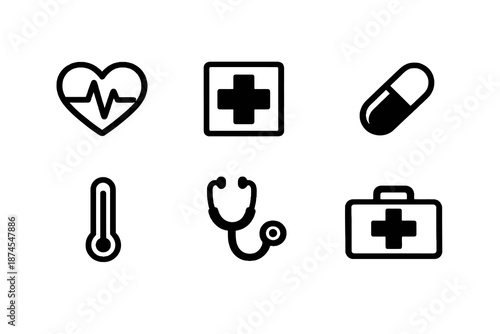 Black flat vector icon set focused on healthcare and medical services. Clean outline symbols for health apps, clinics, hospitals and medical interface design.