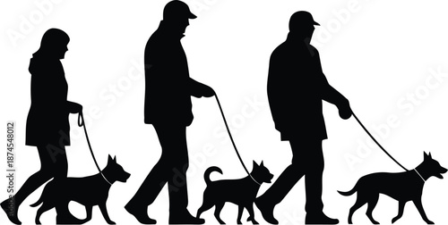 Silhouettes of People Walking Dogs in a Park