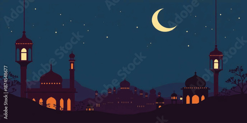  ramadan Serene Islamic Night Background with Silhouette Mosque and Crescent Moon