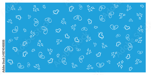 Blue heart doodle pattern on bright background, Hand drawn heart icons seamless blue pattern, Cute love doodle wallpaper with white hearts