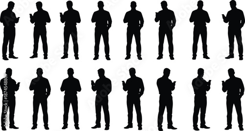 Collection of black male silhouettes in various standing poses using smartphones and mobile devices for business communication on white background