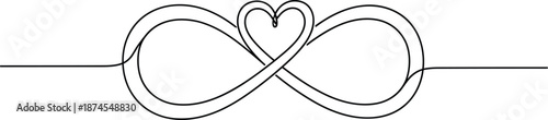 Continuous one line drawing of infinity symbol intertwined with a heart shape representing eternal love and endless friendship on white background