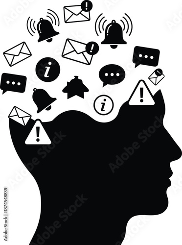 Conceptual silhouette of human head filled with digital notification icons representing information overload mental stress and constant social media pressure