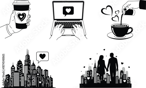 Minimalist black and white vector set of romantic city life icons featuring coffee hearts laptop dating and a couple walking