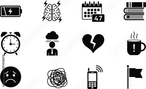 Set of black icons representing mental health, stress, productivity, and emotions including broken heart, brain storming, battery charging, and alarm clock