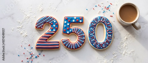 Wallpaper Mural Large sugar cookies shaped as the number 250 decorated with patriotic royal icing, placed on a marble surface with a cup of coffee and sprinkles. Torontodigital.ca