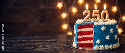 Festive red, white, and blue layer cake with gold 250 candles, celebrating the USA Semiquincentennial anniversary on a wooden background with bokeh lights. © Valeriy