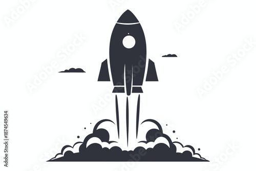 Dark monochrome rocket launches with thick smoke clouds and small clouds in background