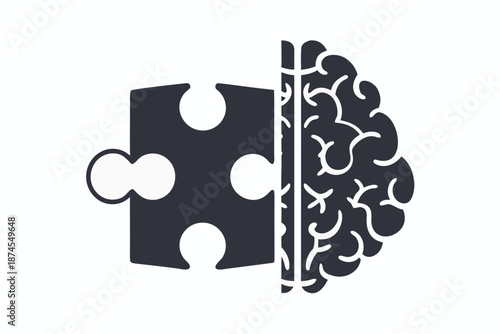 Dark puzzle piece combines with stylized brain on a white background to symbolize mental connection