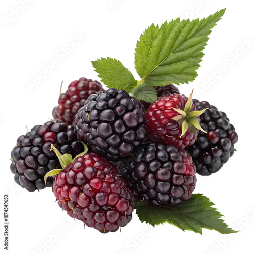 Wallpaper Mural Fresh Boysenberries with Green Leaves Isolated on White Background, Healthy Summer Fruit Cluster Torontodigital.ca