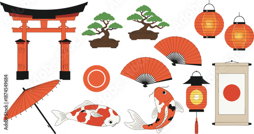 Japanese Culture Icons Set with Torii Gate Koi Fish Lanterns and Traditional Fans Vector