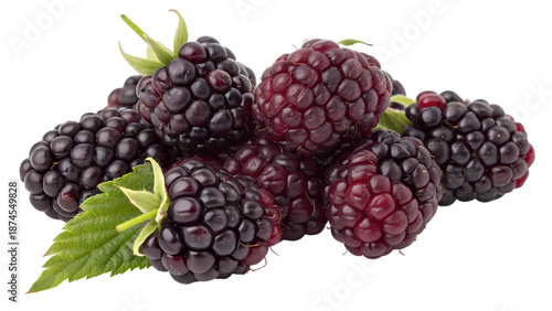 Wallpaper Mural Bunch of Fresh Boysenberries with Green Leaves Isolated on White Background, Ripe Dark Purple Fruit Torontodigital.ca