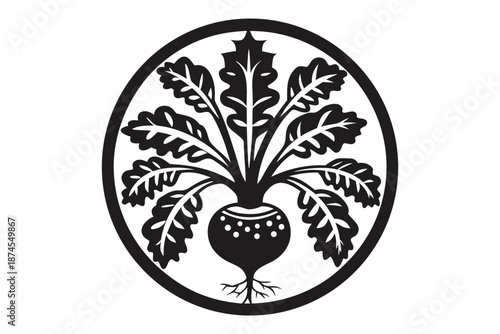 Detailed black silhouette shows a beetroot plant encircled in a solid band design