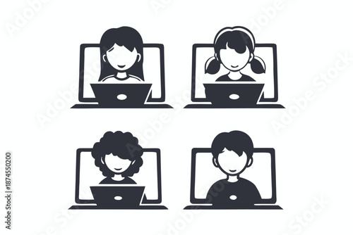 Four diverse kids joyfully use laptops in an educational setting