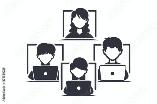 Four faceless people connect through computers in a monochrome square layout