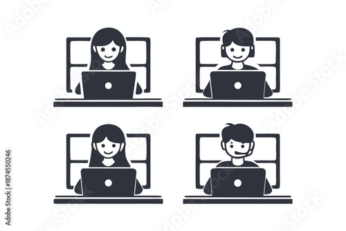 Four monochrome figures using laptop computers in front of their windows