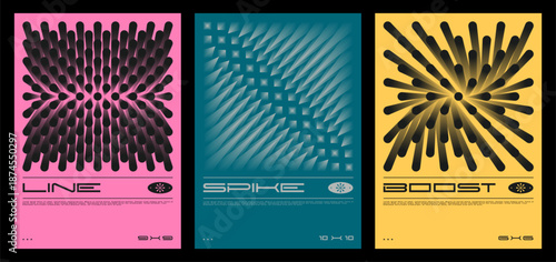 Colorful abstract array poster 3D spike and line illusions. Vibrant gradient techno design. Vector collection