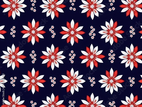 Elegant red and white floral pattern on dark blue background