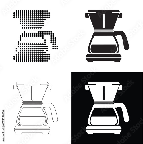 Modern coffee maker for brewing fresh coffee, presented in various graphic styles.