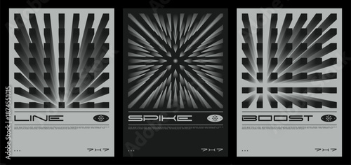 Abstract array poster 3D line, boost and spike illusions. Techno geometric gradient design. Vector collection