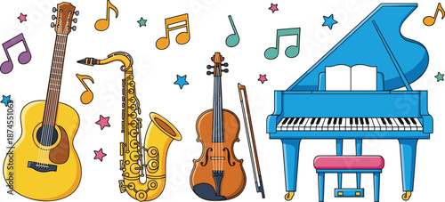 Music Instruments Icons Set with Guitar Saxophone Violin and Grand Piano Vector