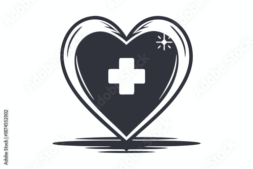 Heart Icon with Medical Cross & Shadow on White Background Minimalist Design