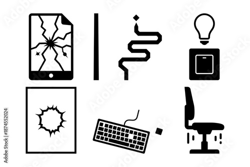 April Fools Tech Glitch Icons - Cracked Screen, Broken Frame, Keyboard and Light Switch Silhouettes