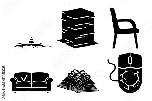 April Fools Slip and Surprise Icons - Plugged Phone, Hidden Box Under Table, Banana Peel and Door Silhouettes