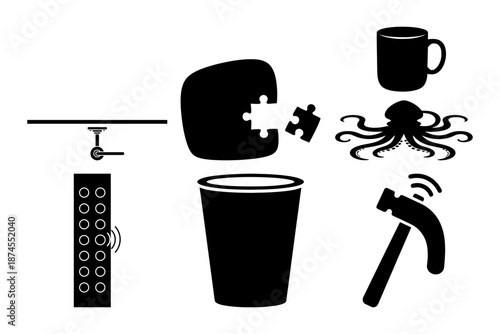 April Fools Prank Object Icons - Padlock, Key, Balloon Pin, Ladder and Battery Silhouettes