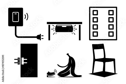 April Fools Office Chaos Icons - Cracked Floor, Book Stack, Couch, Open Book and Broken Mouse Silhouettes