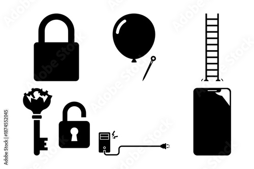 April Fools Weird Object Icons - Missing Puzzle, Octopus Mug, Remote Control, Bucket and Hammer Silhouettes