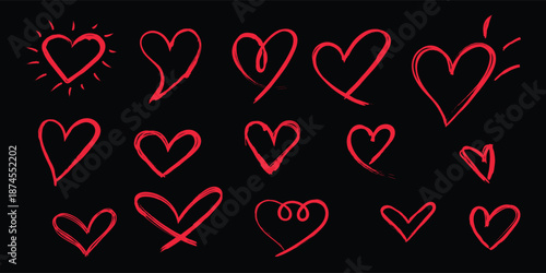 Red heart doodle set on black background, Hand drawn love hearts brush style black, Romantic heart sketch collection dark theme vector